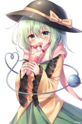Rule 34 | 1girl, absurdres, artist name, black hat, blush, bow, commentary, cowboy shot, crepe, food, frilled shirt collar, frills, fruit, green eyes, green hair, green skirt, hair between eyes, hat, hat bow, heart, heart of string, highres, holding, holding food, komeiji koishi, long sleeves, looking at viewer, open mouth, pink scarf, pudding (skymint 028), scarf, shirt, short hair, signature, simple background, skirt, solo, standing, strawberry, third eye, touhou, white background, wide sleeves, yellow bow, yellow shirt