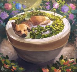 Rule 34 | ^ ^, animal focus, artist name, blue flower, bush, closed eyes, day, dog, flower, flower pot, highres, kay (kf1n3), light rays, no humans, original, outdoors, partially submerged, photo-referenced, pink flower, purple flower, signature, sleeping, solo, sunlight, water