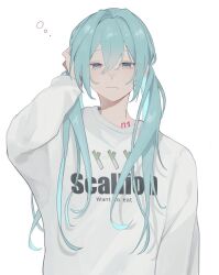 Rule 34 | 1girl, aqua eyes, arm up, blue hair, half-closed eyes, hatsune miku, highres, hood, hoodie, long hair, looking to the side, onion, sad smile, simple background, solo, solo focus, tattoo, upper body, vocaloid, white background, white hoodie, yukihira makoto