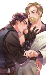 Rule 34 | 2boys, anakin skywalker, beard, blush, facial hair, groping, groping, highres, large pectorals, looking at viewer, looking back, mole, mole under eye, multiple boys, muscular, muscular arms, muscular male, nipples, obi-wan kenobi, pectorals, pectorals, pensan (artist), scar, scar across eye, scar on face, simple background, star wars, star wars: revenge of the sith, toned, toned male, yaoi