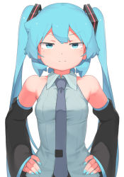 Rule 34 | 1girl, abmayo, aqua eyes, aqua hair, aqua nails, bare shoulders, black sleeves, breasts, closed mouth, collared shirt, commentary request, cowboy shot, detached sleeves, grey shirt, hair ornament, hands on own hips, hatsune miku, long hair, long sleeves, looking at viewer, nail polish, necktie, shirt, simple background, sleeveless, sleeveless shirt, sleeves past wrists, smile, smug, solo, standing, twintails, upper body, very long hair, vocaloid, white background, wide sleeves