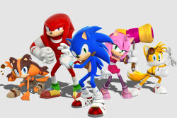Rule 34 | 2girls, 3boys, amy rose, blue eyes, boomerang, eyewear on head, furry, furry female, furry male, gloves, goggles, green eyes, hammer, highres, knuckles the echidna, mallet, multiple boys, multiple girls, official art, scarf, simple background, sonic (series), sonic boom (series), sonic the hedgehog, sticks the badger, tail, tails (sonic), wrench, wrist wrap