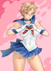 Rule 34 | 1girl, bang-you, bishoujo senshi sailor moon, blonde hair, blue sailor collar, blue skirt, blush, brooch, candy, chestnut mouth, chocolate, chocolate heart, choker, earrings, food, gloves, green eyes, heart, heart-shaped pupils, heart brooch, heart hands, highres, jewelry, looking at viewer, magical girl, parted lips, sailor collar, sailor senshi, sailor uranus, short hair, skirt, solo, symbol-shaped pupils, ten&#039;ou haruka, tiara, valentine, white gloves