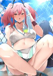 Rule 34 | 1girl, azur lane, bag, bare legs, black bra, blue hair, blue sky, blush, bra, breasts, bremerton (azur lane), bremerton (scorching-hot training) (azur lane), chain-link fence, cleavage, cloud, commentary, crop top, crop top overhang, day, eyelashes, fence, hair between eyes, hair ornament, hairclip, headpiece, heart, heart necklace, highres, indian style, jewelry, large breasts, lips, looking at viewer, medium hair, midriff, miniskirt, multicolored hair, navel, navel piercing, necklace, open mouth, outdoors, piercing, pink eyes, pink hair, pleated skirt, see-through, shirt, sitting, skirt, sky, sleeveless, sleeveless shirt, solo, sportswear, sweat, sweatband, tennis uniform, thighs, tote bag, twintails, two-tone hair, underwear, white shirt, white skirt, wiping sweat, x hair ornament, yamakonbu