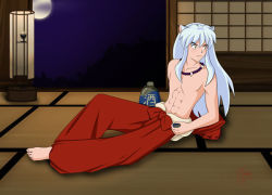 Rule 34 | 1boy, animal ears, dog ears, full body, indoors, inuyasha, inuyasha (character), jewelry, male focus, muscular, necklace, topless male, solo, tagme