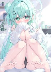 Rule 34 | 1girl, angel, angel wings, barefoot, black panties, blurry, blurry background, blush, braid, breasts, cameltoe, cleavage, covering own mouth, cross, earrings, green eyes, green hair, hair bun, hair ornament, hairclip, halo, hand over own mouth, highres, indoors, jewelry, large breasts, legs up, long hair, long sleeves, mikaze oto, no bra, original, panties, shirt, sitting, sleeves past wrists, solo, underwear, white shirt, wings