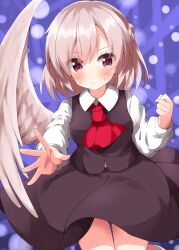 Rule 34 | 1girl, ascot, black skirt, black vest, blush, closed mouth, collared shirt, cosplay, feathered wings, grey hair, hair between eyes, highres, kishin sagume, long sleeves, red ascot, red eyes, rumia, rumia (cosplay), ruu (tksymkw), shirt, short hair, single wing, skirt, solo, touhou, vest, white shirt, white wings, wings