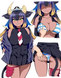 Rule 34 | 1girl, animal ears, ass, ass grab, bare shoulders, bikini, bikini under clothes, black hair, black shirt, black skirt, blonde hair, blouse, blush, breast pocket, breasts, broken horn, buttons, closed mouth, clothes lift, collarbone, cropped legs, cropped torso, dark-skinned female, dark skin, deep skin, dress shirt, elbow gloves, fingerless gloves, gloves, goshingyu-sama (kemono friends), grabbing, grabbing another&#039;s ass, grabbing another&#039;s breast, grey hair, groping, hair between eyes, hair ornament, highres, horizontal pupils, horns, jacket, kemono friends, large breasts, lifting another&#039;s clothes, long hair, looking at viewer, lower body, mamiyama, microskirt, multicolored hair, multiple views, necktie, off shoulder, open clothes, open jacket, open shirt, ox ears, ox girl, ox horns, pleated skirt, pocket, shaded face, shirt, simple background, skindentation, skirt, skirt lift, sleeveless, sleeveless shirt, smile, striped bikini, striped clothes, swimsuit, tail, thigh strap, undressing, upper body, white background, wing collar, yellow eyes, yellow horns