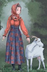 Rule 34 | 1girl, 1other, absurdres, animal, blue dress, boots, brown eyes, brown hair, dress, floral print, flower, forest, frilled dress, frills, goat, goat horns, gradient background, grass, head scarf, highres, holding, holding flower, hooves, horns, iskanderednaksi, long sleeves, mole, mole under eye, multicolored clothes, multicolored dress, nature, orange dress, original, outdoors, puffy long sleeves, puffy sleeves, red headwear, slavic clothes, solo focus, traditional clothes, traditional dress, white fur