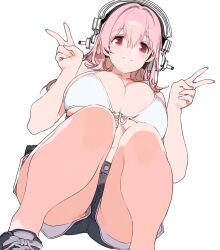 Rule 34 | 1girl, bare shoulders, bikini, bikini top only, blush, breasts, cleavage, front-tie top, headphones, large breasts, long hair, looking at viewer, meola, navel, nitroplus, no shirt, pink hair, red eyes, short shorts, shorts, simple background, smile, solo, super sonico, swimsuit, white bikini