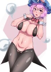 Rule 34 | 1girl, :d, black bra, black panties, black pantyhose, blue hat, bra, breasts, cameltoe, cleavage, clothes pull, ghost, groin, hat, highres, large breasts, looking at viewer, meme attire, mob cap, navel, open mouth, panties, pantyhose, pink eyes, pink hair, pulling own clothes, reverse bunnysuit, reverse outfit, saigyouji yuyuko, short hair, skindentation, smile, solo, touhou, triangular headpiece, underwear, wrist cuffs, yocchi (tenyunkel)