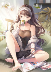 Rule 34 | 1girl, animal print, bare shoulders, barefoot, bean bag chair, black camisole, black cat, blush, book, breasts, brown eyes, brown hair, bubble, camisole, cat, coffee mug, collarbone, cup, day, drinking, earrings, feet, indian style, indoors, jewelry, kagachi saku, legs, long hair, long sleeves, looking at viewer, magazine (object), medium breasts, mug, off shoulder, open book, open clothes, open shirt, original, rabbit print, shirt, sitting, solo, white shirt