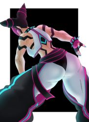 Rule 34 | 1girl, absurdres, ass, bare shoulders, black hair, breasts, capcom, charge sol, fingerless gloves, from behind, gloves, han juri, highres, huge ass, leaning, leaning forward, looking at viewer, looking back, multicolored hair, pants, pink eyes, pink hair, shiny clothes, shiny skin, short hair, sideboob, solo, street fighter, street fighter 6