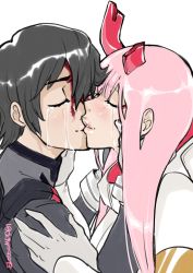 Rule 34 | 10s, 1boy, 1girl, asymmetrical horns, black bodysuit, black hair, blossomppg, bodysuit, couple, crying, darling in the franxx, closed eyes, face-to-face, fringe trim, gloves, hand on another&#039;s shoulder, hands on another&#039;s face, hetero, highres, hiro (darling in the franxx), horns, long hair, oni horns, pilot suit, pink hair, red horns, short hair, signature, tears, white bodysuit, white gloves, zero two (darling in the franxx)