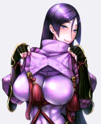 Rule 34 | 1girl, arm guards, black gloves, blush, bodysuit, breasts, closed mouth, clothes lift, covered navel, elbow gloves, fate/grand order, fate (series), fingerless gloves, floral print, gloves, high collar, large breasts, long hair, looking at viewer, minamoto no raikou (fate), parted bangs, purple bodysuit, purple eyes, purple hair, ribbed sleeves, rope, simple background, smile, solo, tabard, tassel, titiduki (manman-ya), very long hair