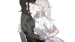 Rule 34 | 2girls, braid, brown hair, chinese commentary, closed eyes, collared dress, commentary request, dress, french kiss, gloves, green sweater, grey hair, hand on another&#039;s arm, highres, kiss, long hair, long sleeves, molu stranger, multiple girls, nijisanji, shirayuki tomoe, short sleeves, simple background, single braid, sukoya kana, sweater, tongue, tongue out, twintails, upper body, virtual youtuber, white background, white dress, white gloves, wrist wrap, yuri