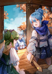 Rule 34 | 3girls, apron, autumn leaves, azura (fire emblem), book, braid, braided ponytail, commentary, creyton, cup, double-parted bangs, english commentary, falling leaves, fire emblem, fire emblem fates, hair between eyes, hair bun, highres, holding, holding sword, holding tray, holding weapon, indoors, japanese clothes, kana (female) (fire emblem), kana (fire emblem), leaf, midori (fire emblem), multiple girls, nintendo, open book, puffy short sleeves, puffy sleeves, scarf, short sleeves, single braid, skirt, smile, sword, tray, twintails, twitter username, weapon, white apron, wooden sword