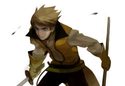 Rule 34 | 00s, 1boy, brown hair, green eyes, guy cecil, male focus, non-web source, serious, solo, sword, tales of (series), tales of the abyss, weapon, white background