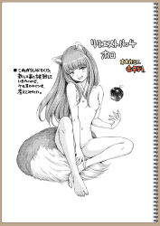Rule 34 | 1girl, animal ears, apple, barefoot, blush, breasts, completely nude, food, fruit, full body, greyscale, hamao, highres, holo, long hair, monochrome, nude, open mouth, small breasts, smile, spice and wolf, tail, translation request, wolf ears, wolf girl, wolf tail