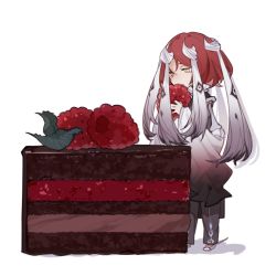 Rule 34 | bob cut, cake, cake slice, character request, chibi, chocolate cake, code009, eating, food, food request, fruit, hands up, holding, holding food, long sleeves, looking away, looking down, multicolored hair, pants, red hair, robe, shanhai jing hua, shoes, short hair with long locks, simple background, solo, standing, two-tone hair, white background, white hair, wide sleeves, yellow eyes