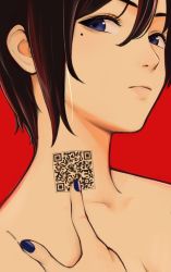 Rule 34 | 1girl, black hair, black nails, blue eyes, blue nails, collarbone, commentary, english commentary, finger to neck, frown, highres, looking at viewer, mole, mole under eye, nail polish, neck tattoo, nude, original, pointing, pointing at self, portrait, potato iida, qr code, red background, short hair, simple background, solo, tattoo