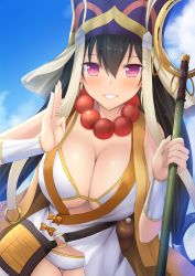 Rule 34 | 1girl, arm guards, bare shoulders, beads, bikini, bikini under clothes, black hair, blue sky, blush, bow, breasts, cleavage, day, earrings, fate/grand order, fate (series), gourd, grin, hat, holding, holding staff, hoop earrings, jewelry, large breasts, long hair, looking at viewer, open mouth, outdoors, pink eyes, prayer beads, purple hat, ring, sky, sleeveless, smile, solo, staff, swimsuit, taiki ken, teeth, very long hair, white bikini, xuangzang sanzang (fate)
