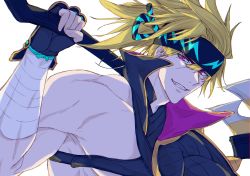 Rule 34 | 1boy, axe, blonde hair, chest harness, fate/grand order, fate (series), fingerless gloves, gloves, harness, headband, highres, igote, long hair, looking at viewer, male focus, muscular, muscular male, official alternate costume, pectorals, sakata kintoki (fate), sakata kintoki (heian warrior attire) (fate), single bare shoulder, smile, solo, u2 (yuniu222), weapon