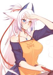 1girl, animal ears, apron, artist name, bare shoulders, blue eyes, breasts, collarbone, cooking, dated, dragon horns, dragon tail, fox ears, frying pan, heterochromia, horns, konshin, large breasts, long hair, orange eyes, orie hakua, pixiv fantasia, pixiv fantasia new world, ponytail, signature, sleeves rolled up, solo, sweater, tail, very long hair, white background, white hair, wiping forehead