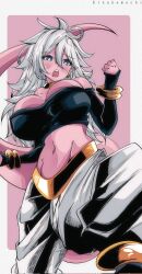 Rule 34 | 1girl, android 21, bandeau, blue eyes, blush, bracelet, breasts, colored skin, dragon ball, dragon ball fighterz, earrings, elbow gloves, female focus, fingerless gloves, gloves, huge breasts, jewelry, kinakomochi (user vedc2333), looking at viewer, majin android 21, midriff, navel, neck ring, open mouth, pink skin, solo, tail, white hair