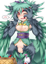 Rule 34 | 1girl, bad id, bad pixiv id, blush, bottomless, breastless clothes, breasts, claws, cleft of venus, embarrassed, fat mons, feathers, food, gloves, green hair, harpy, highres, monster girl, morgan (shinrabanshou), nipples, pubic stubble, purple ribbon, pussy, red eyes, ribbon, shimo (depthbomb), shinrabanshou, small breasts, waffle, winged arms, wings