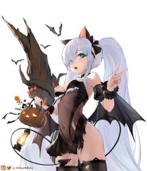 Rule 34 | 1girl, absurdres, animal ear legwear, animal ears, azur lane, bare shoulders, bat (animal), black dress, black tail, black thighhighs, black wings, blue eyes, breasts, cat ears, chinese commentary, cleavage, commentary request, covered navel, cowboy shot, demon tail, demon wings, dress, eyes visible through hair, fake animal ears, hair over one eye, halloween costume, highres, holding, jack-o&#039;-lantern, janload1ng, janus (azur lane), janus (fright-night scaredy-cat) (azur lane), lantern, long hair, looking at viewer, medium breasts, official alternate costume, open mouth, pixiv logo, see-through, simple background, solo, tail, thighhighs, thighs, torn clothes, torn dress, torn thighhighs, tree, twintails, twitter logo, twitter username, v, very long hair, white background, white hair, wings