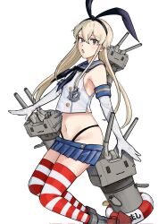 Rule 34 | 1girl, anchor hair ornament, black hairband, black neckerchief, black panties, blonde hair, blue sailor collar, blue skirt, crop top, elbow gloves, feet out of frame, gloves, grey eyes, hair ornament, hairband, highleg, highleg panties, highres, kantai collection, long hair, looking at viewer, microskirt, miniskirt, neckerchief, nidou, panties, pleated skirt, rensouhou-chan, sailor collar, shimakaze (kancolle), simple background, skirt, striped clothes, striped thighhighs, thighhighs, underwear, white background, white gloves