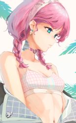 Rule 34 | 1girl, arknights, bare shoulders, blue eyes, blue poison (arknights), blue poison (shoal beat) (arknights), braid, breasts, choker, commentary, crop top, earrings, female focus, grey background, hairband, highres, jewelry, medium hair, midriff, navel, off shoulder, official alternate costume, pink choker, pink hair, radioneet, small breasts, solo, spaghetti strap, sports bra, stomach, twin braids, upper body