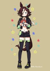 Rule 34 | 1girl, animal ears, black footwear, black jacket, black shorts, blush, boots, brown background, brown eyes, brown hair, character doll, character name, closed mouth, commentary request, crop top, cropped jacket, daiwa scarlet (umamusume), hugging doll, floral background, full body, hair over one eye, highres, horse ears, horse girl, horse tail, jacket, long hair, low ponytail, multicolored hair, navel, hugging object, open clothes, open jacket, ponytail, setone, short shorts, shorts, simple background, solo, tail, thigh boots, twintails, two-tone hair, umamusume, vodka (umamusume), white hair