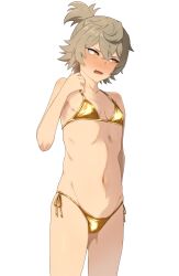 Rule 34 | 1girl, ao-tombo, bikini, blush, breasts, brown eyes, brown hair, collarbone, crossed bangs, embarrassed, fang, felsi rollo, gold bikini, gundam, gundam suisei no majo, highres, looking at viewer, looking to the side, navel, short hair, short ponytail, side-tie bikini bottom, simple background, skin fang, small breasts, solo, stomach, swimsuit, white background