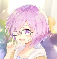 Rule 34 | 1girl, adjusting eyewear, babouo, blush, collarbone, fate/grand order, fate (series), glasses, hair over one eye, mash kyrielight, mash kyrielight (senpai killer outfit), official alternate costume, open mouth, purple eyes, purple hair, short hair, signature, solo, teeth, upper body