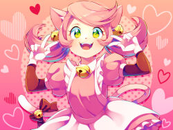 Rule 34 | 1girl, animal ear fluff, animal ears, bell, blush, bow, cat ears, cat tail, double v, eyelashes, gloves, green eyes, heart, looking at viewer, mad mew mew, open mouth, pink hair, pink shirt, red bow, shifumame, shirt, skirt, solo, tail, tail bell, tail bow, tail ornament, twintails, undertale, v, white gloves, white skirt