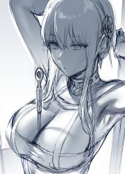 Rule 34 | 1girl, absurdres, armpits, between breasts, breasts, cleavage, closed mouth, dagger, greyscale, hairband, hews, highres, knife, large breasts, long hair, monochrome, sketch, solo, spy x family, weapon, yor briar