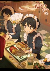 Rule 34 | 1other, 2boys, animal, animal on shoulder, bird, blush, brown eyes, commentary request, crossdressing, duck, eating, english text, feathers, food, fork, french fries, half-closed eyes, highres, holding, holding food, holding fork, maid, male focus, male maid, multiple boys, original, restaurant, salad, sitting, tile floor, tiles, tray, umibatari