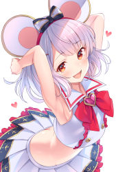 Rule 34 | 1girl, :d, adapted costume, animal ears, armpits, arms up, bare arms, bare shoulders, bent over, black bow, bow, bowtie, brooch, brown eyes, butt crack, commentary request, crop top, crop top overhang, duplicate, granblue fantasy, groin, hair bow, hairband, heart, heart brooch, highres, jewelry, looking at viewer, midriff, miniskirt, mouse ears, open mouth, pleated skirt, sailor collar, shirt, short hair, simple background, skirt, sleeveless, sleeveless shirt, smile, solo, tomo (tmtm mf mf), vikala (granblue fantasy), white background, white hair, white shirt, white skirt