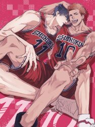 Rule 34 | 2boys, a nzi end, abstract background, absurdres, basketball jersey, basketball uniform, bishounen, biting, biting clothes, black eyes, black hair, couple, hand on another&#039;s head, hand on another&#039;s hip, hand on another&#039;s thigh, highres, looking at viewer, male focus, multiple boys, red hair, red shorts, red tank top, rukawa kaede, sakuragi hanamichi, shoes, short hair, shorts, side-by-side, sitting, slam dunk (series), sneakers, sportswear, tank top, toned, toned male, tongue, tongue out, v, yaoi