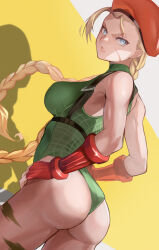 Rule 34 | 1girl, ass, bare shoulders, blue eyes, braid, breasts, cammy white, fingerless gloves, from behind, ganmodoki17, gloves, hands on own hips, hat, highres, large breasts, leotard, scar, scar on face, sleeveless, street fighter, thong leotard