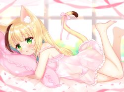 Rule 34 | 1girl, :d, animal ear fluff, animal ears, barefoot, blonde hair, blush, bow, bow panties, breasts, brown eyes, cat ears, cat girl, cat tail, commentary request, frilled pillow, frills, green eyes, hair ornament, hairclip, hugging object, legs up, lingerie, long hair, looking at viewer, lying, medium breasts, multicolored hair, navel, negligee, on stomach, open mouth, original, panties, petals, pillow, pillow hug, pink bow, pink panties, see-through, shikito (yawa0w0), smile, solo, strap slip, streaked hair, tail, tail bow, tail ornament, underwear, very long hair, window