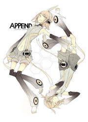 Rule 34 | 1boy, 1girl, arm warmers, bare shoulders, black thighhighs, blonde hair, brother and sister, detached sleeves, fingerless gloves, gloves, grey eyes, hair ornament, hair ribbon, hairclip, headphones, kagamine len, kagamine len (append), kagamine rin, kagamine rin (append), leg warmers, navel, open mouth, popped collar, ribbon, short hair, shorts, siblings, simple background, smile, thighhighs, twins, vocaloid, vocaloid append, yuzi 0116