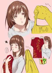 Rule 34 | !?, 1boy, androgynous, bad link, bag, blush, brown eyes, brown hair, china dress, chinese clothes, dress, embarrassed, grimace, holding, kimidake, original, pink background, plastic bag, pov, pov hands, simple background, solo focus, sweat, trap