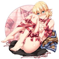 Rule 34 | 1girl, ass, bare shoulders, blonde hair, blush, bound, bow, breasts, brown shirt, choker, cleavage, collarbone, commentary request, eyes visible through hair, green eyes, hair between eyes, half updo, large breasts, looking at viewer, lying, mizuhashi parsee, nude, on back, ootsuki wataru, pointy ears, shirt, short hair, skirt, solo, tied up, touhou, unworn skirt, wavy mouth, white background