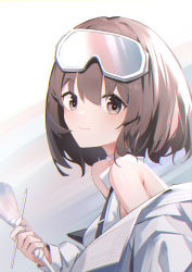 Rule 34 | 1girl, absurdres, arknights, blue nails, brown eyes, chichi guai, chinese commentary, commentary request, goggles, goggles on head, hair between eyes, highres, holding, jacket, looking at viewer, nail polish, off shoulder, open clothes, open jacket, roberta (arknights), shirt, short hair, sleeveless, sleeveless shirt, smile, solo, white jacket, white shirt