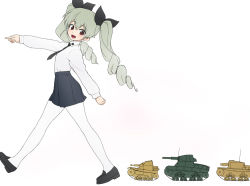 Rule 34 | 10s, 1girl, anchovy (girls und panzer), anzio school uniform, black footwear, black necktie, black skirt, carro armato p40, carro veloce cv-33, dress shirt, drill hair, from side, full body, girls und panzer, green hair, loafers, long hair, long sleeves, looking back, military, military vehicle, miniskirt, motor vehicle, necktie, open mouth, pantyhose, pleated skirt, red eyes, school uniform, semovente 75/18, shirt, shoes, skirt, smile, solo, standing, tank, twin drills, twintails, walking, wata do chinkuru, white pantyhose, white shirt