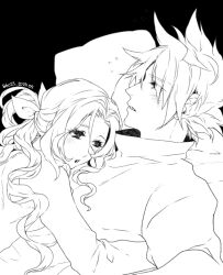 Rule 34 | 1boy, 1girl, aerith gainsborough, alternate costume, artist name, black background, blush, cloud strife, cog hal, cuddling, dated, final fantasy, final fantasy vii, final fantasy vii remake, greyscale, hair between eyes, hair ribbon, hand on another&#039;s back, hetero, hug, lineart, long sleeves, monochrome, parted bangs, parted lips, ponytail, ribbon, short hair, sidelocks, spiked hair, turtleneck, upper body, wavy hair