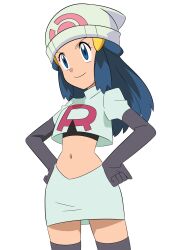 Rule 34 | 1girl, beanie, black shirt, blue eyes, boots, closed mouth, cosplay, creatures (company), cropped jacket, dawn (pokemon), elbow gloves, eyelashes, game freak, gloves, hainchu, hair ornament, hairclip, hands on own hips, hat, highres, jacket, jessie (pokemon), jessie (pokemon) (cosplay), logo, long hair, midriff, navel, nintendo, pokemon, pokemon (anime), pokemon dppt (anime), shirt, sidelocks, simple background, skirt, smile, solo, team rocket, team rocket uniform, thigh boots, white background, white hat, white jacket, white skirt